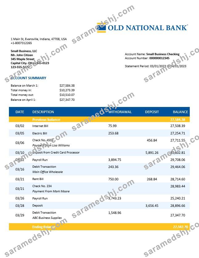 Old National Bank organization account statement Word and PDF template